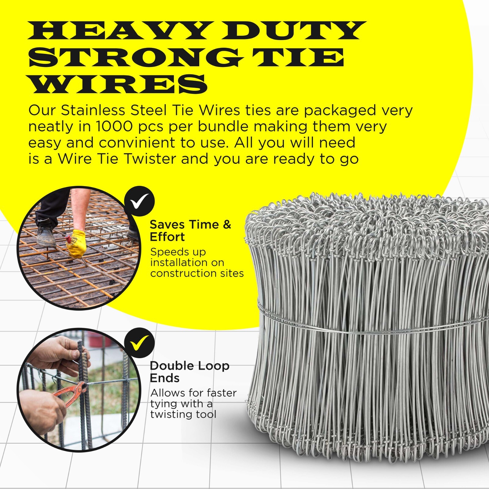 8 Inch x 1000pc STAINLESS STEEL Double Loop Rebar Wire Ties, 16 Gage, SIMBASTEEL