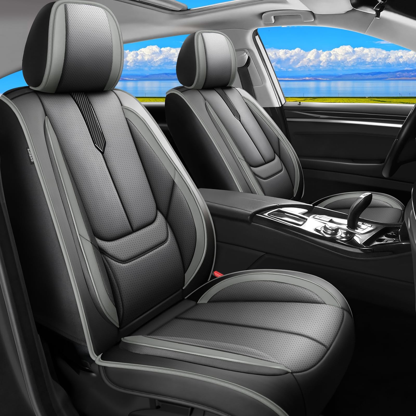 Nissan Titan 09-26 Seat Covers Waterproof Leather Airbag Compatible Black/Grey