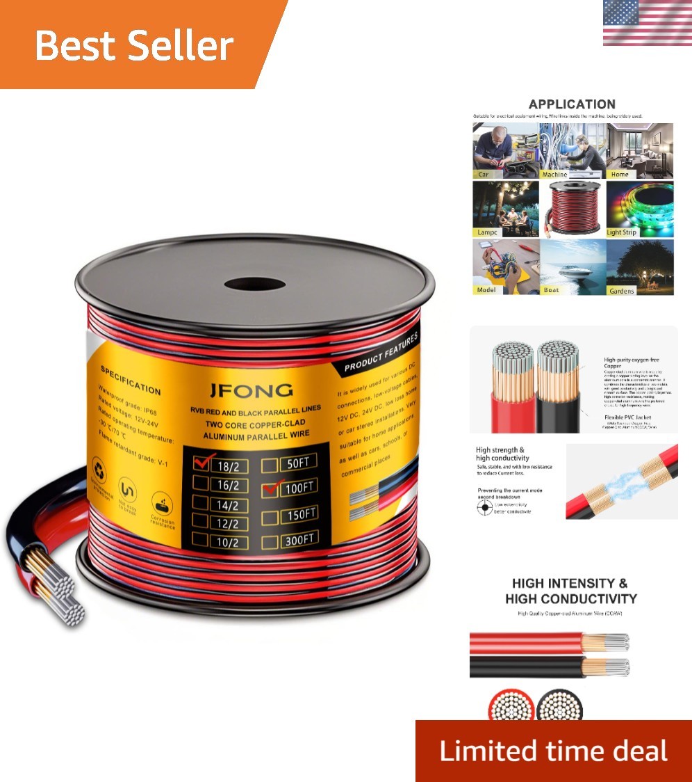 Flexible 18/2 Red Black 100FT Electrical Wire – Perfect for LED Installations