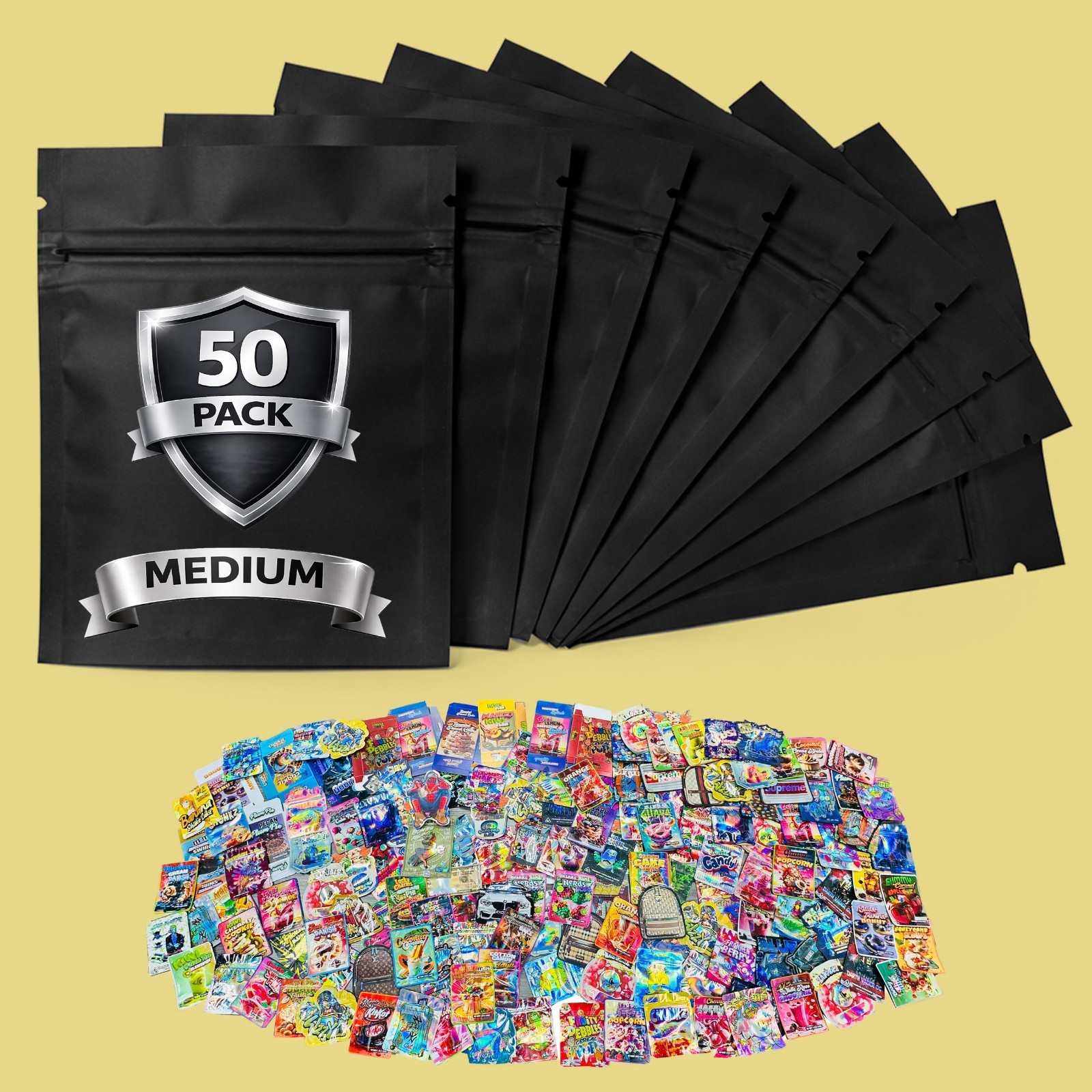 50 Pack 7g Mylar Bags Medium 4” x 6.25” Resealable Smell Proof Assorted Designs