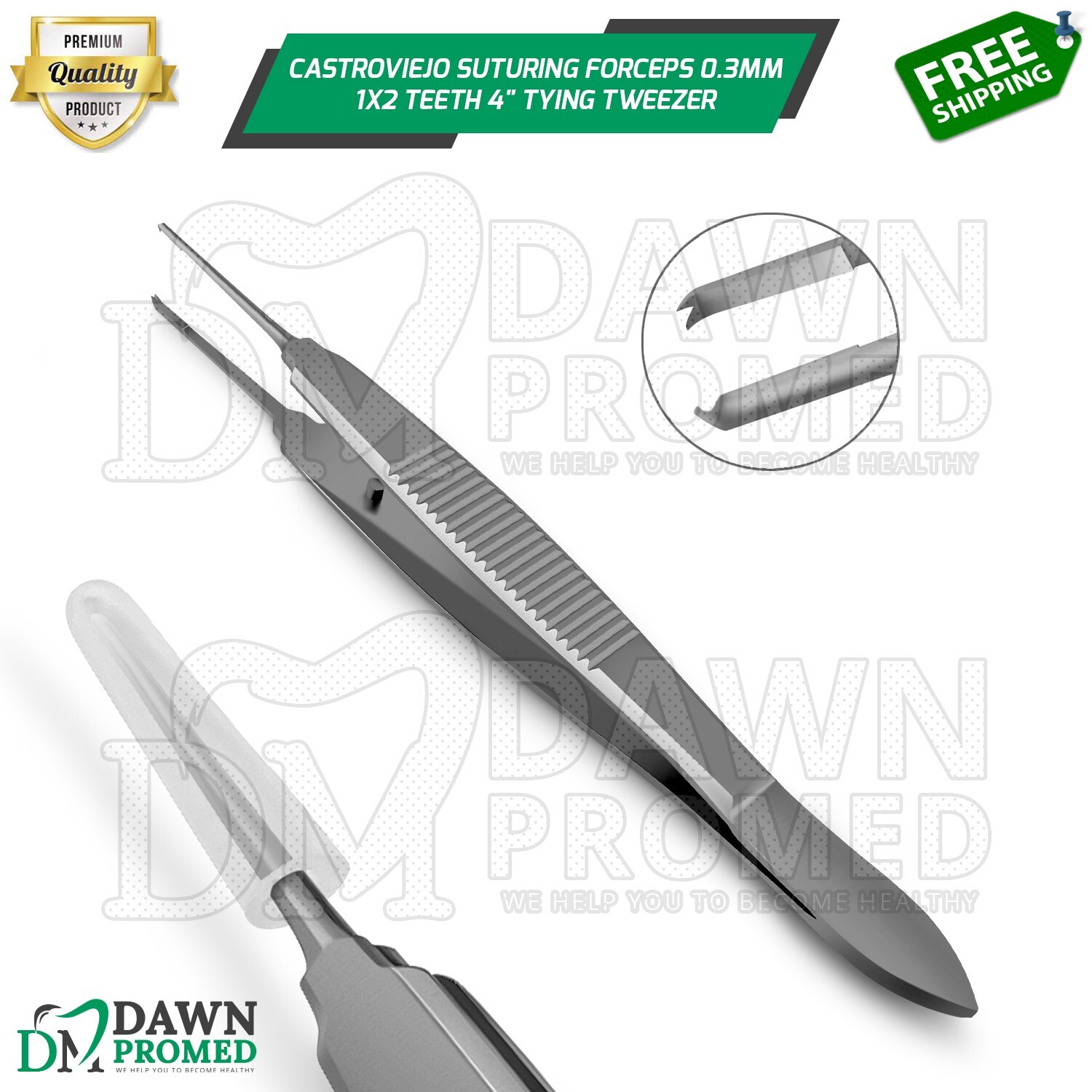 Castroviejo Suturing Forceps 0.3mm 1×2 teeth 4″ Tying Tweezer Dermal Instrument