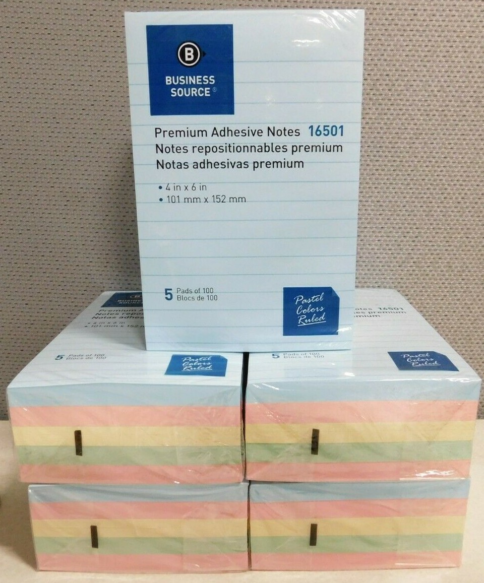 PACK OF 25 PADS = 2500 Business Source 16501 Ruled Adhesive Notes, 4 x 6 Inches