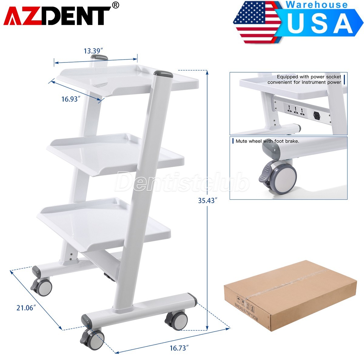 3 Layer Dental Trolley Medical Tool Cart Mobile Instrument Stand with Sockets
