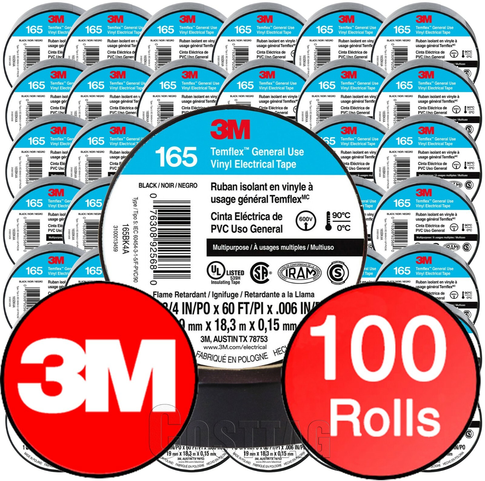 100 ROLLS – 3M ELECTRICAL TAPE UL, BLACK 3/4’’ x 60 FT GENUINE TEMELEX 165