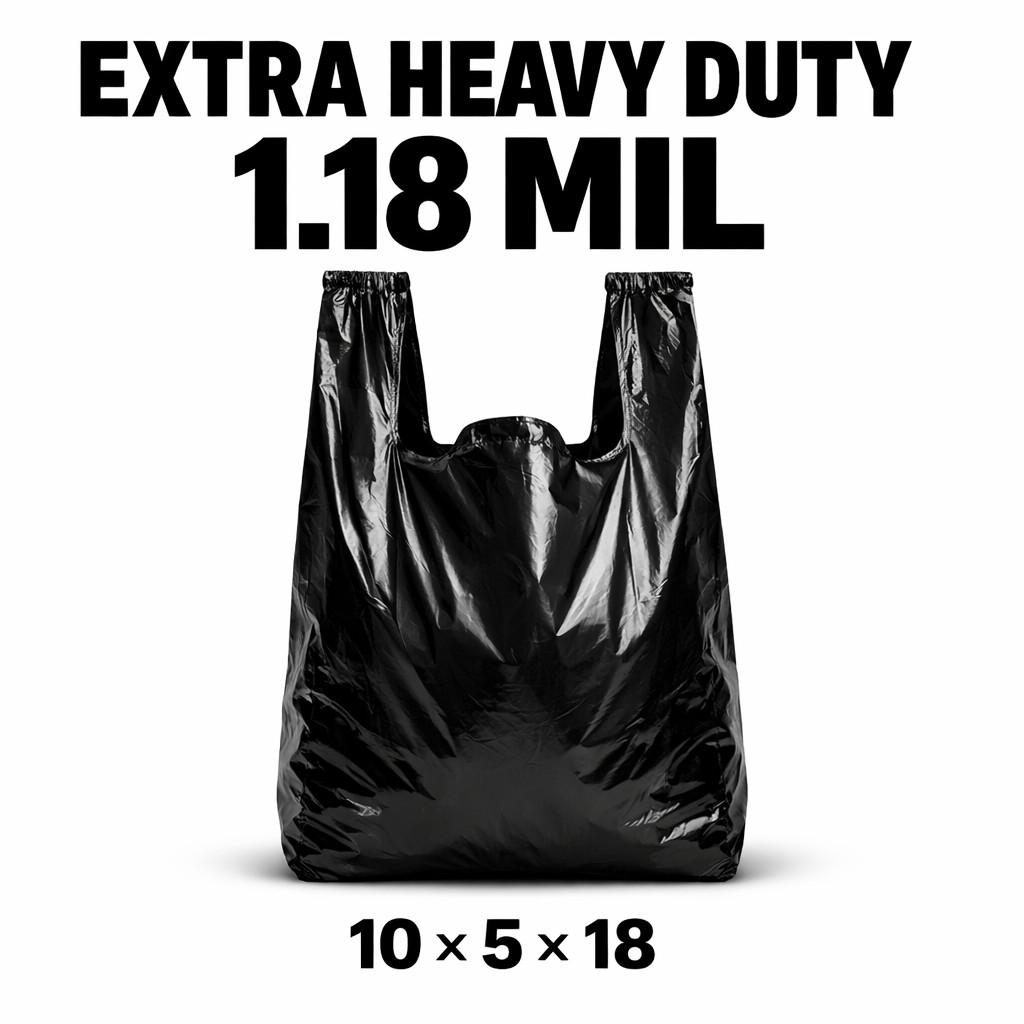 10x5x18 Black T-Shirt Bags 1.18 Mil Extra Heavy Duty Grocery Retail Plastic Bags