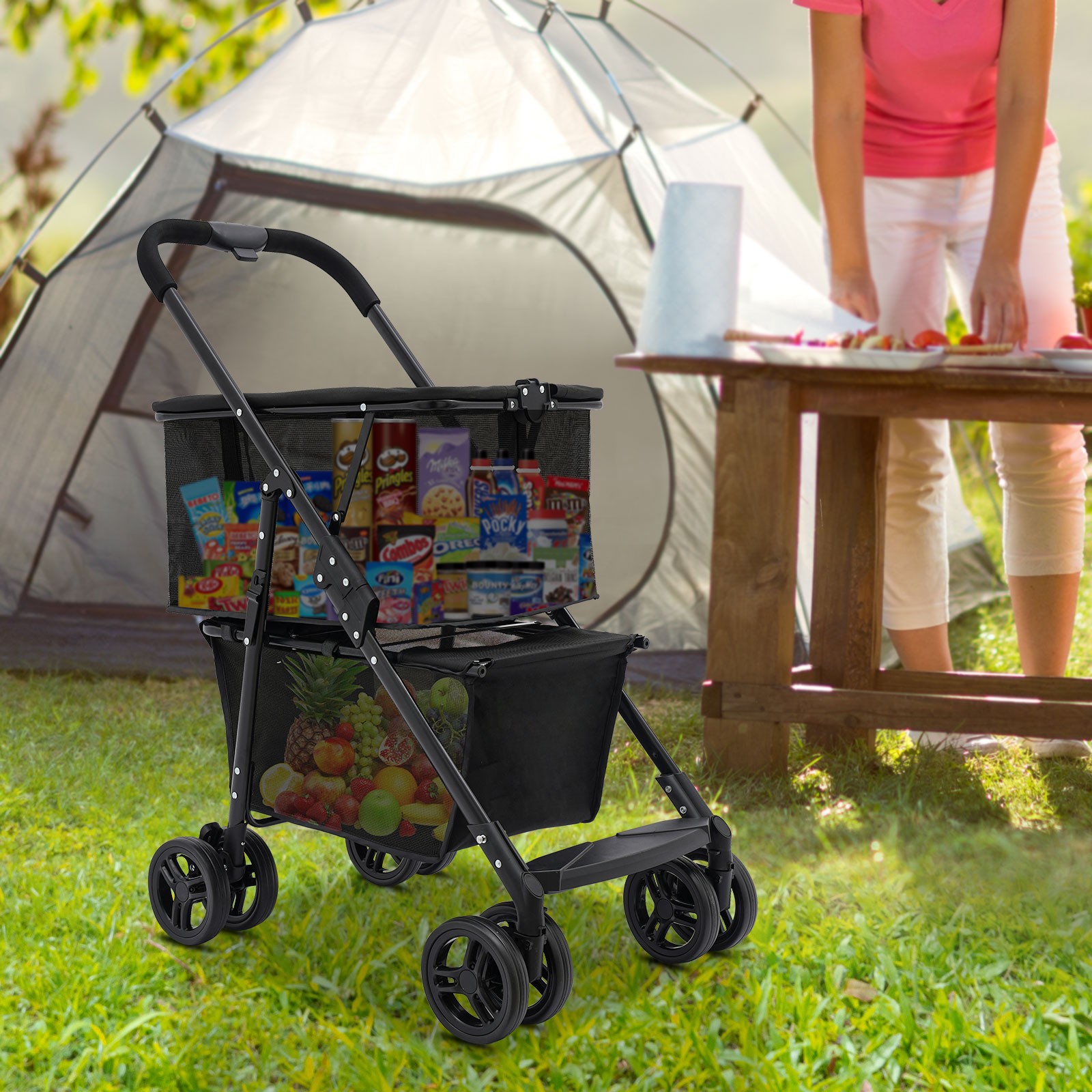 Oxford Cloth Foldable Shopping Cart 50kg Black Wheels Detachable Bag