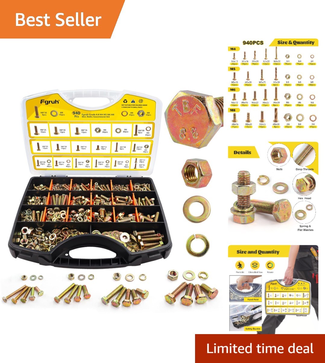 940-Piece Heavy-Duty Bolt and Nut Assortment Kit – Grade 8.8 Steel & Yellow Zinc