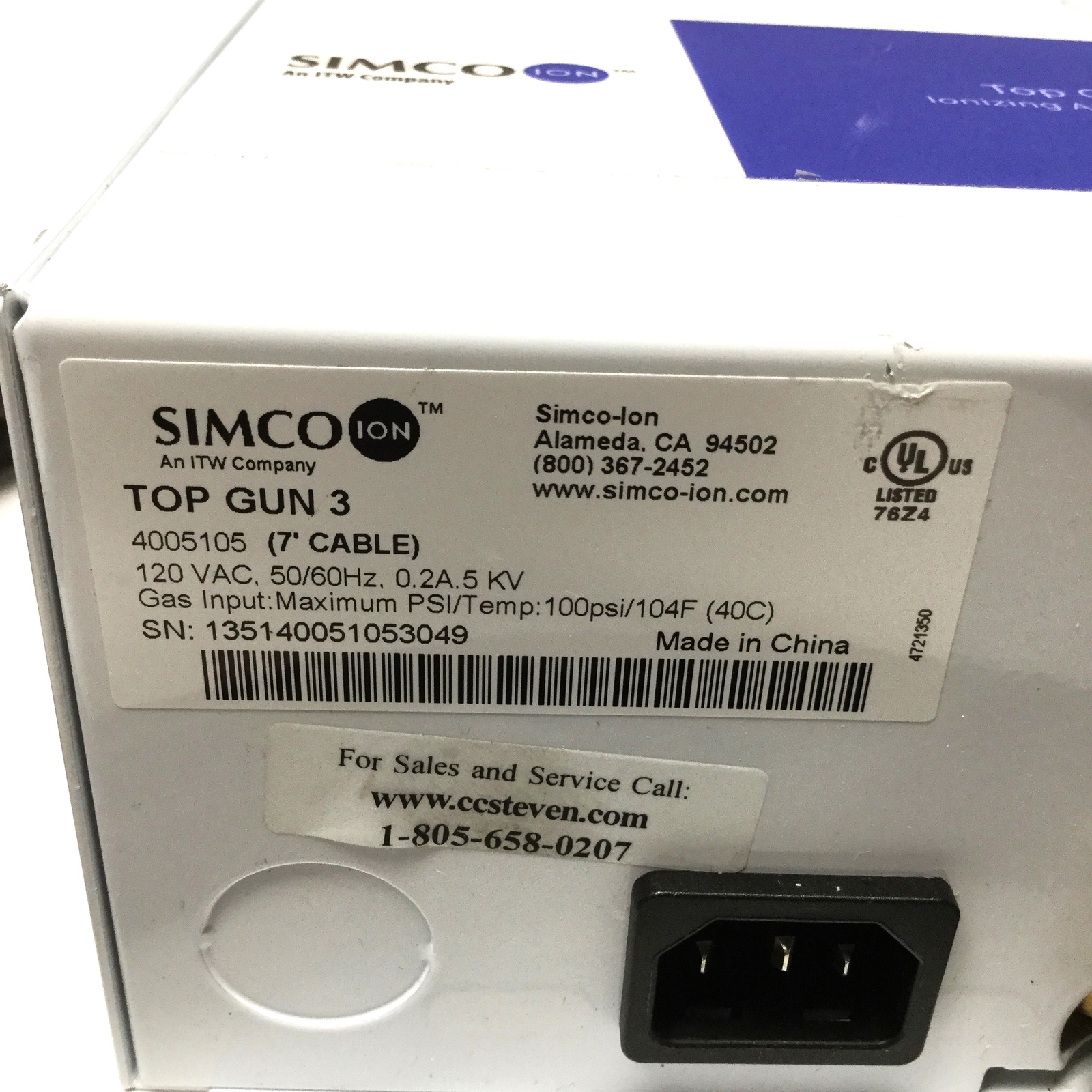 Simco Top Gun 3 4005105 Air Ionizer, 120VAC, 100psi, 7ft Cable/Hose, 7.4scfm