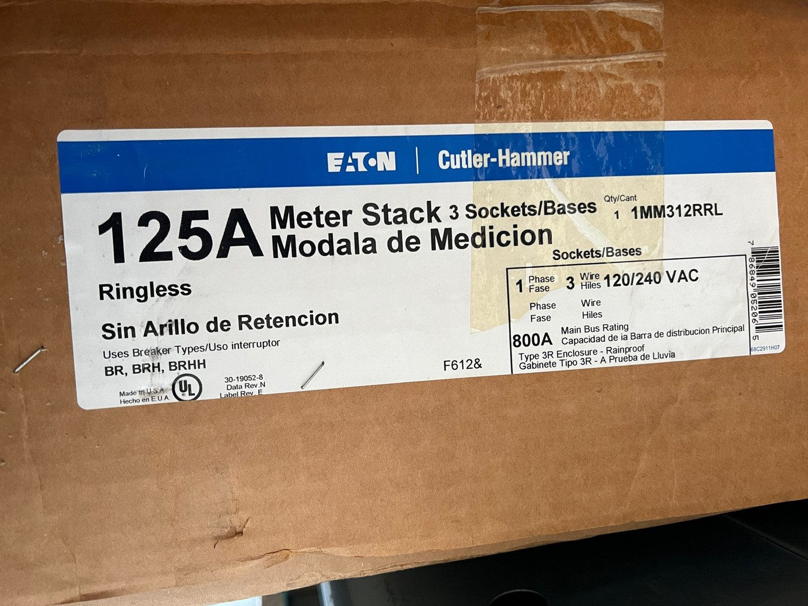 Eaton 1MM312RRL 800 Amp 3-Gang 125A 1-Phase 3 Meter Socket Modular Stack ED4U