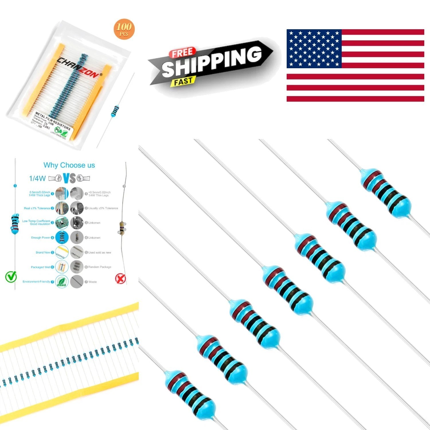 100 Pieces 2.2K Ohm Resistor 1/4W Metal Film Fixed Resistor Precision Tolerance