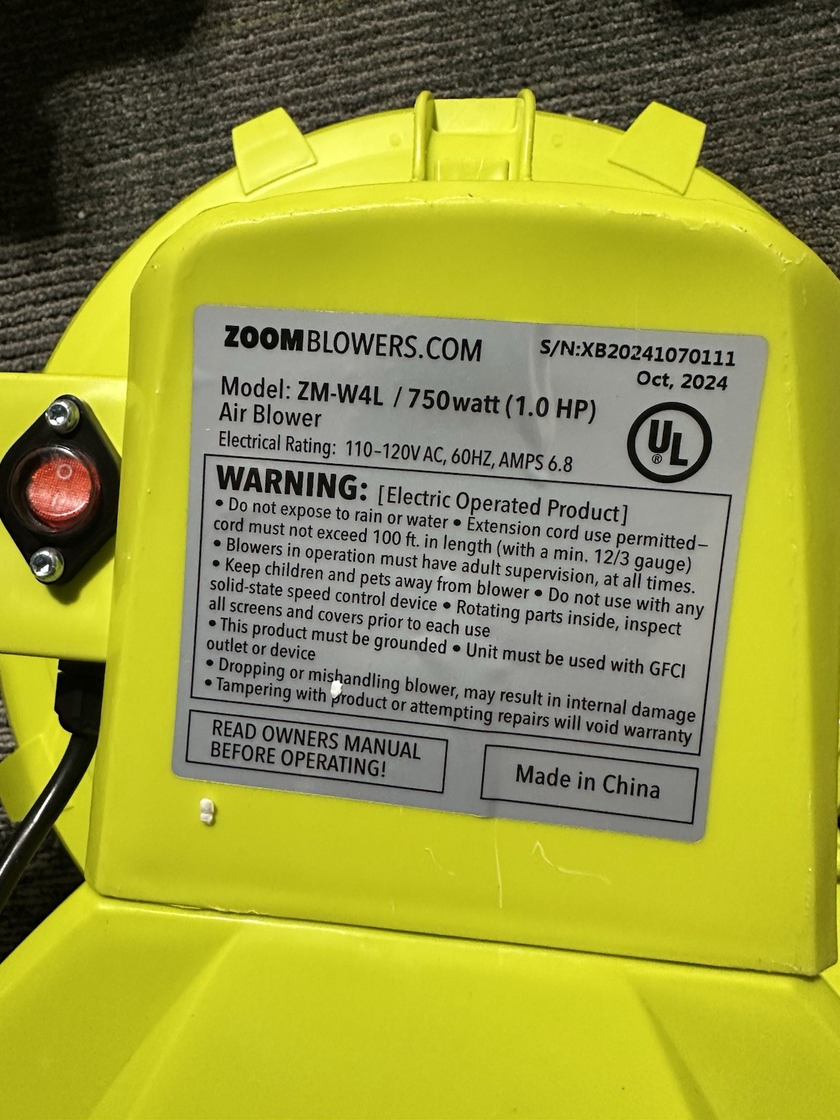 Zoom Blowers ZM-W4L 750W 1.0HP Blower 110-120V 6.8A 1PH Yellow/Black