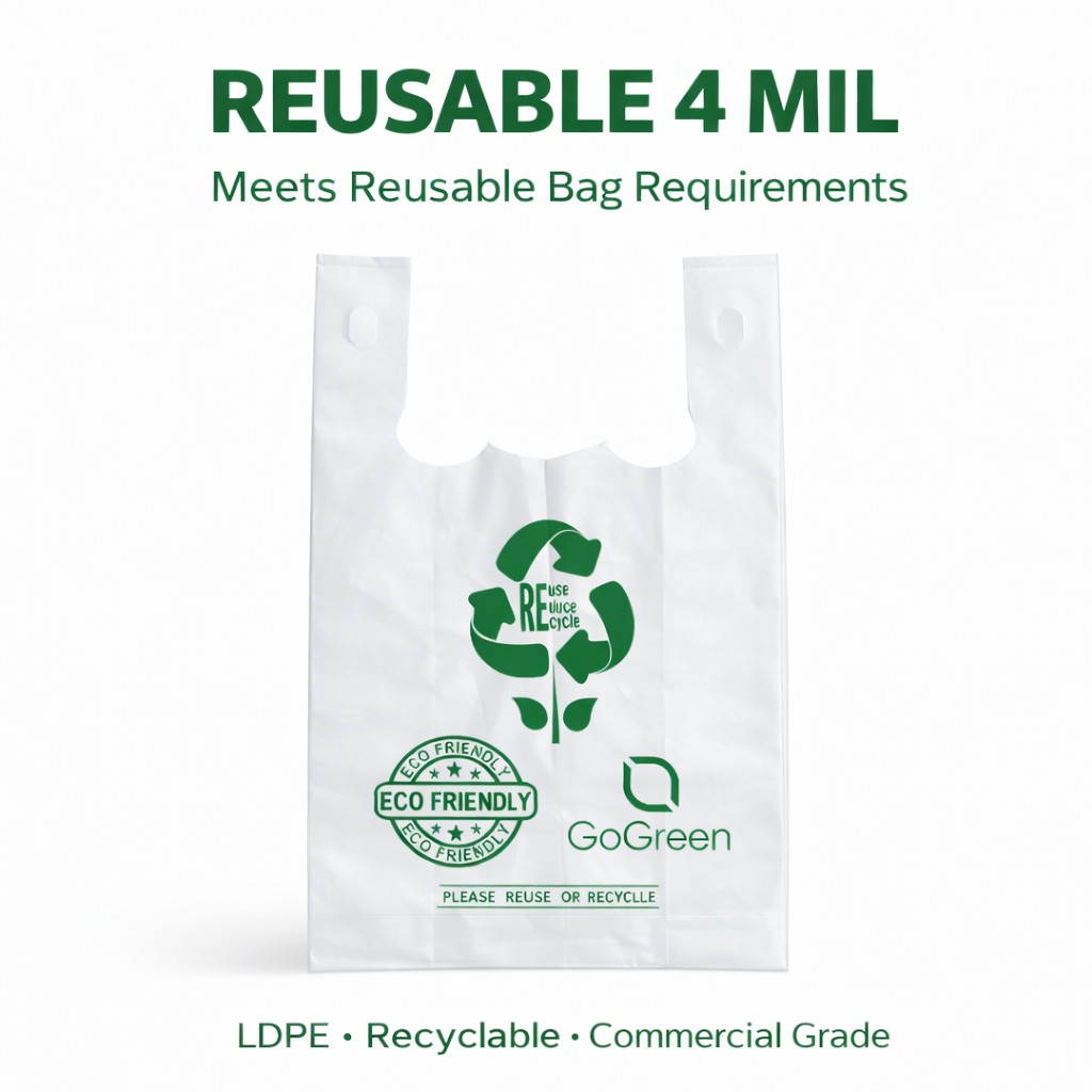 White 4 Mil Reusable Grocery T-Shirt Bags 1/6 21×6.5×11.5 Heavy Duty