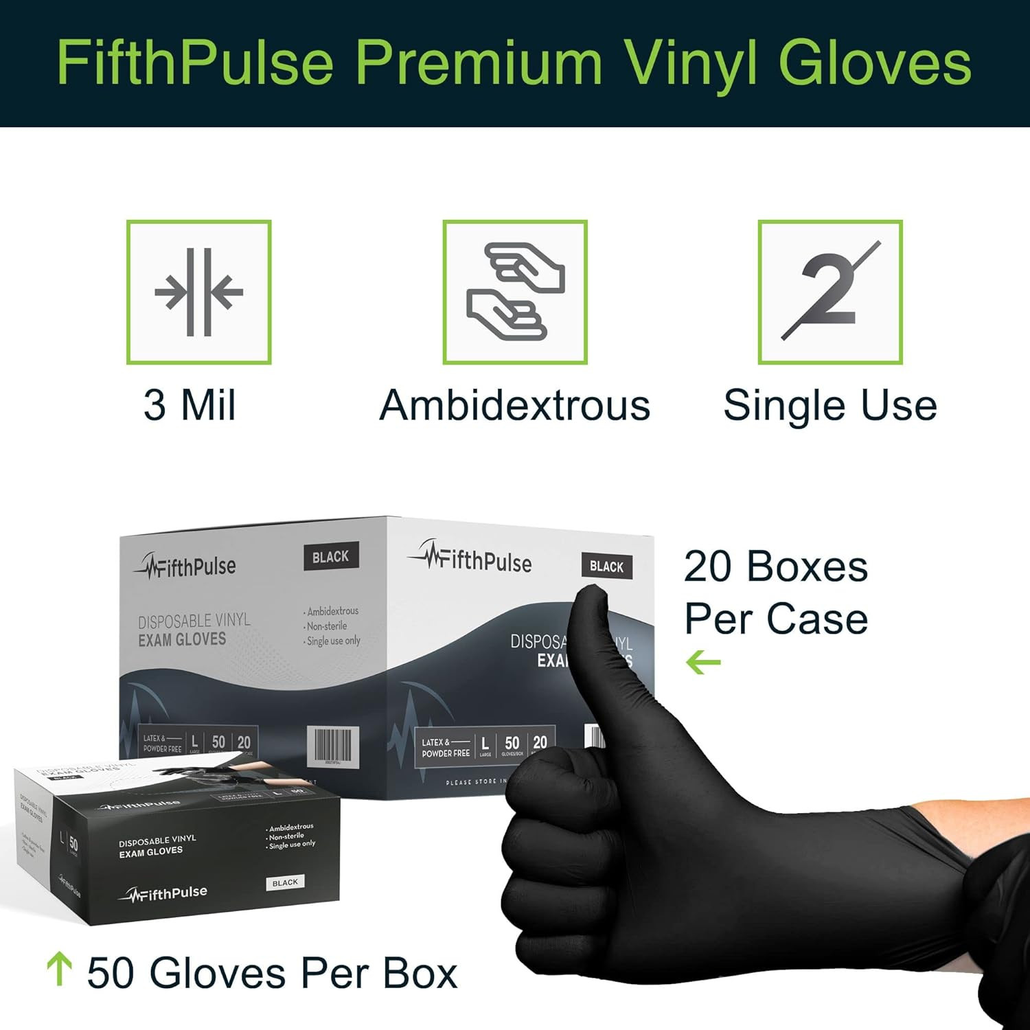 Fifthpulse Black Vinyl Disposable Gloves – Powder and Latex Free Medical Exam Gl