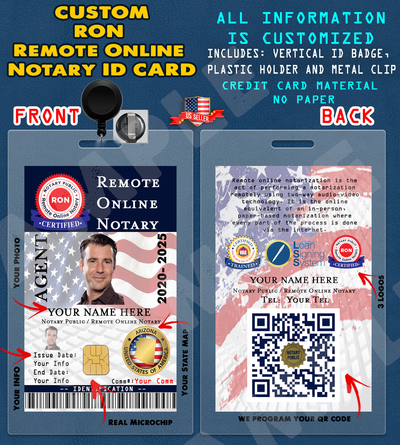 CUSTOM PVC ID Card w/ Clip for RON (Remote Online Notary Public) Everything Cust
