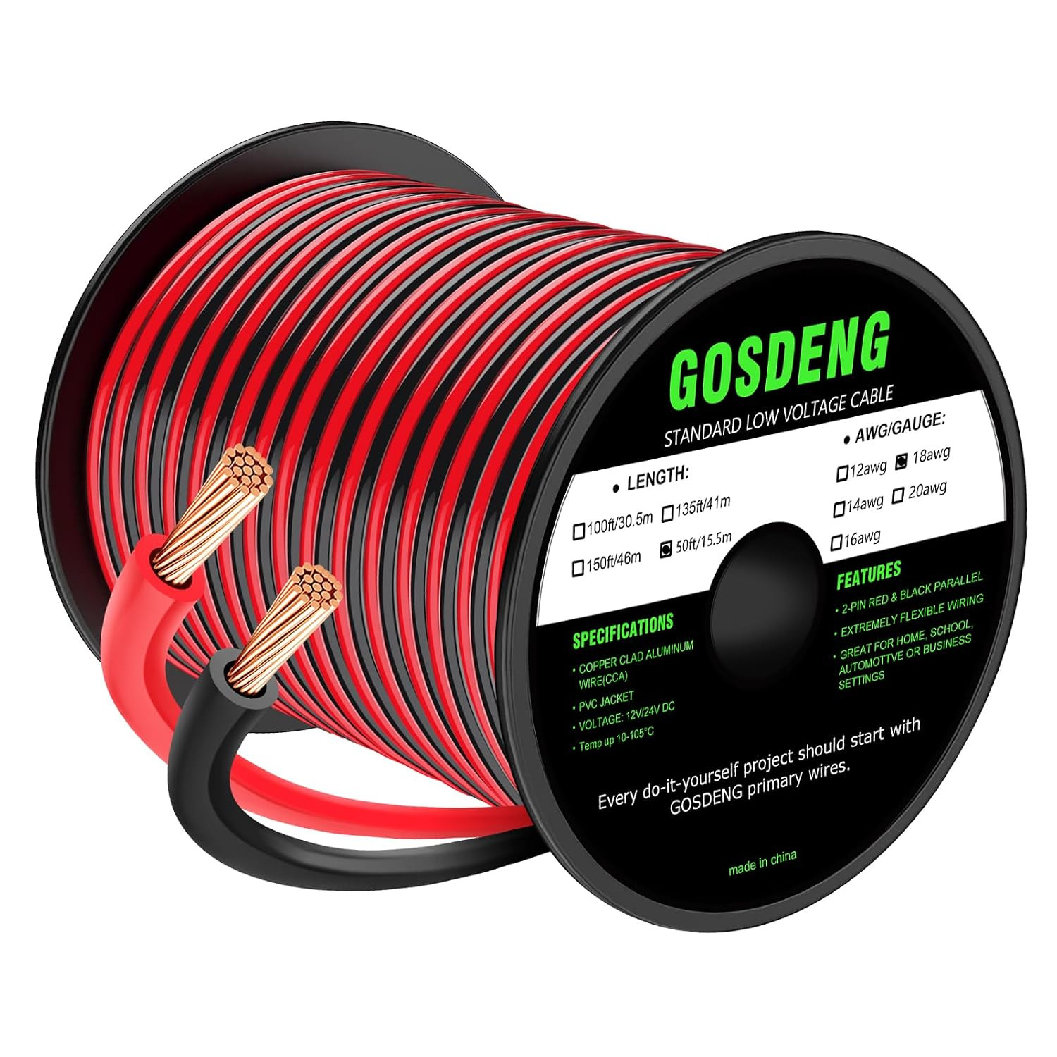 18 Gauge Wire 100FT, 2 Conductors Electrical Wire Red and Black Cable, Low