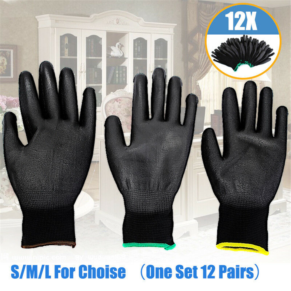 12 Pairs PU Black Work Gloves Safety Builders Protect Palm Coating Size S/M/L