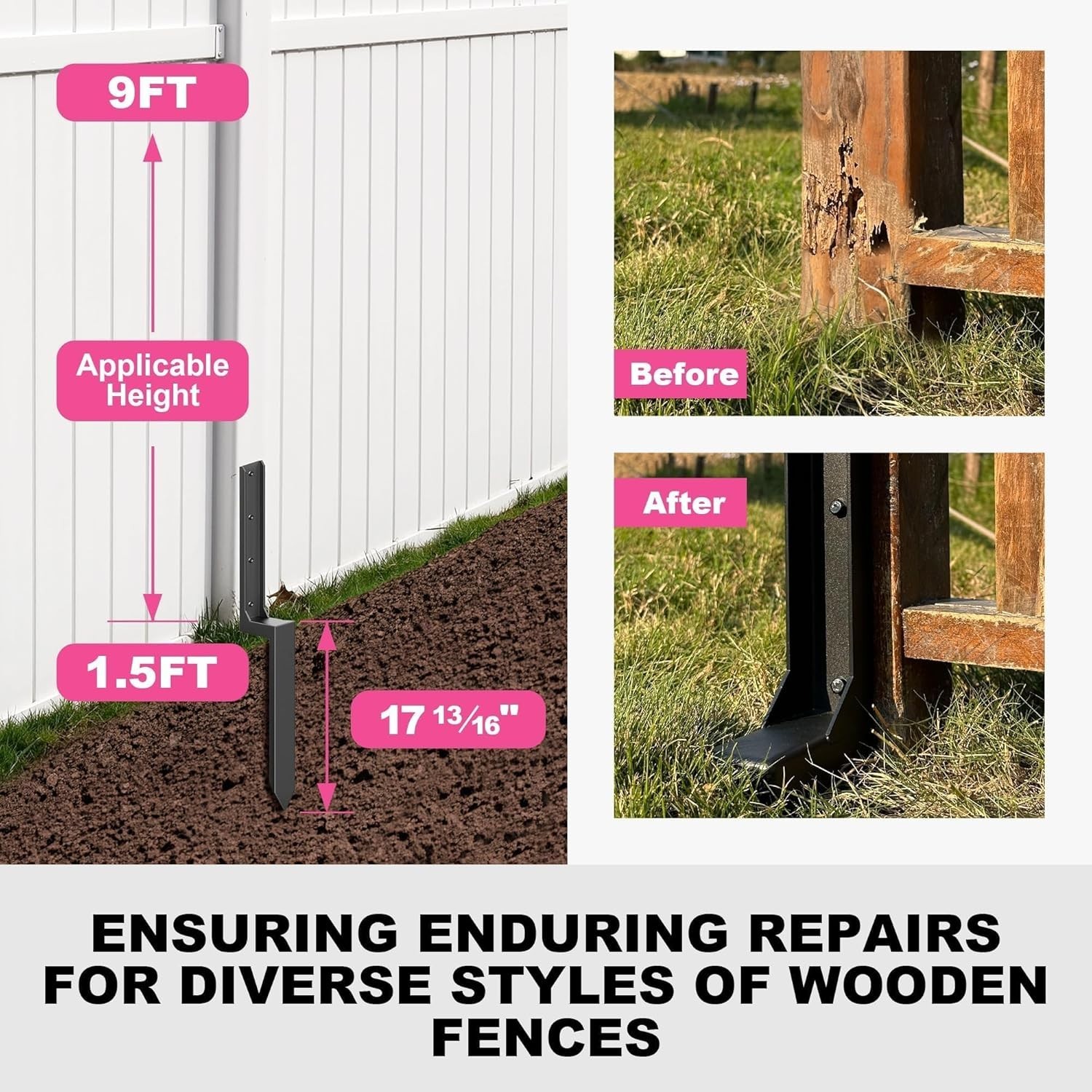 1-Pack 11-Gauge Steel Fence Post Repair Stake & Installation Hardware Included