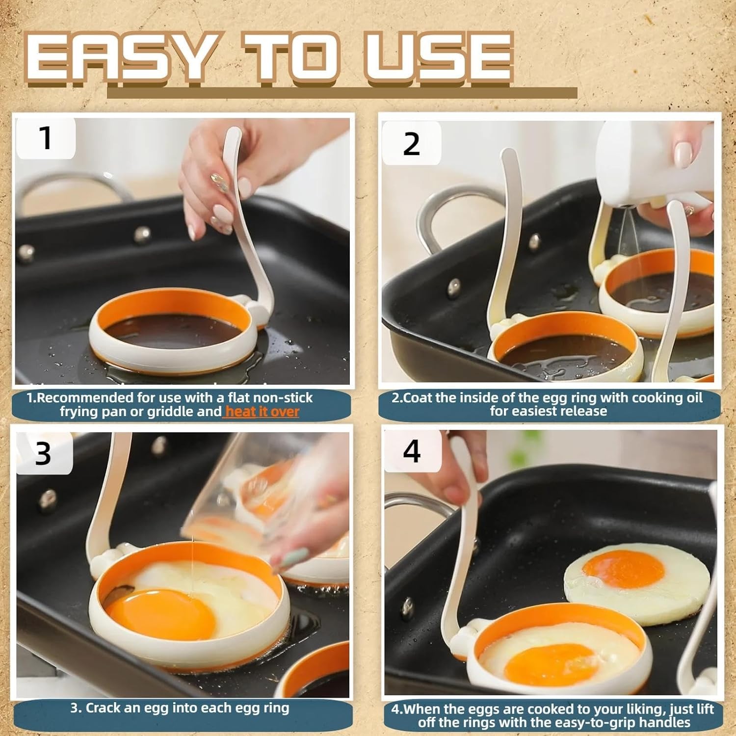 Silicone Fried Egg Cooker Rings Set,Nonstick,Easy to Use&Clean, White&Orange