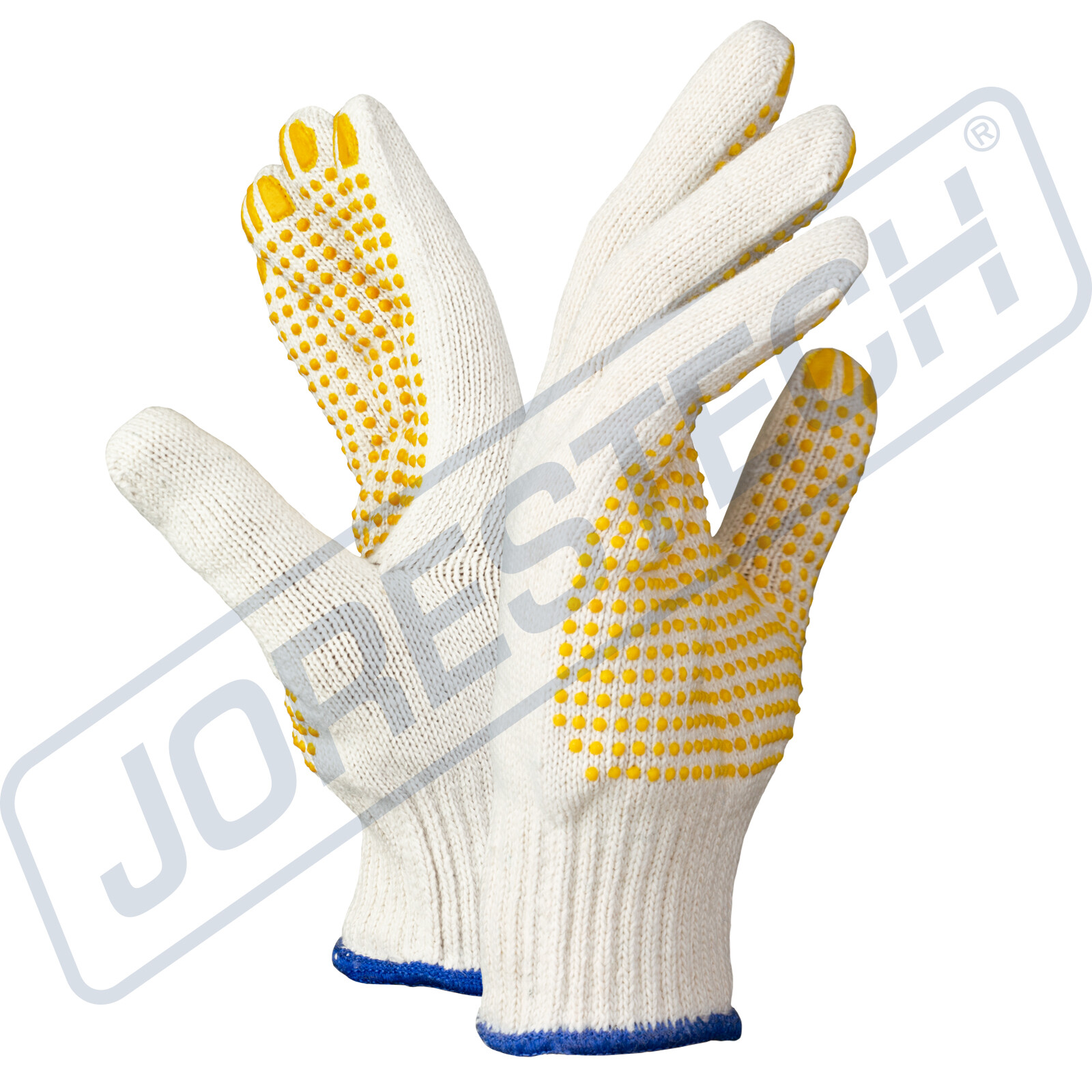 PVC-Dotted String Knit Gloves, Natural White/Blue, 12 Pairs
