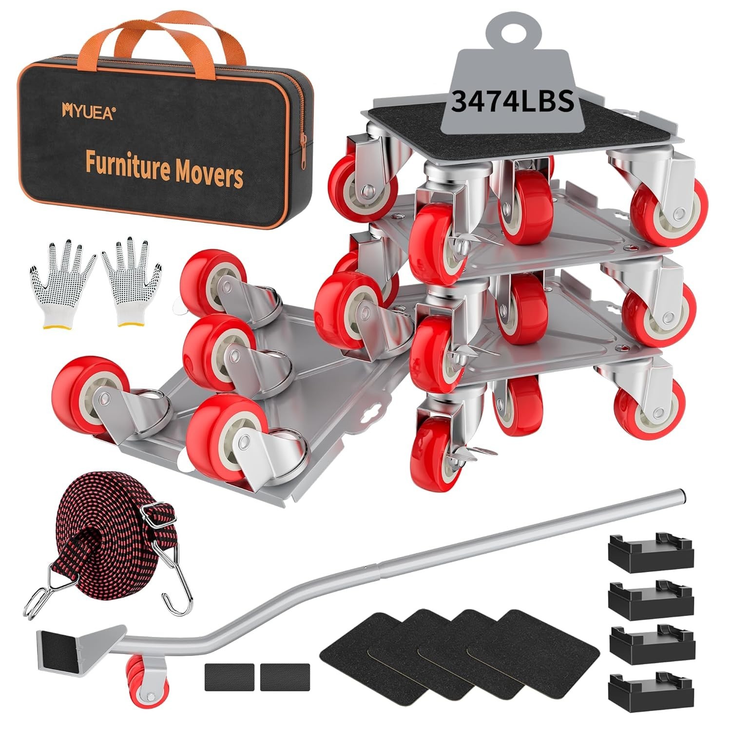 Sturdy Carbon Steel Furniture Lifter with 5 Rubber Wheels, Maximum Load 3474 lbs