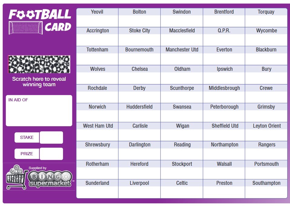 FOOTBALL SCRATCH CARDS 20 30 40 50 and 80 Team Fundraising A5 Card Charity Event