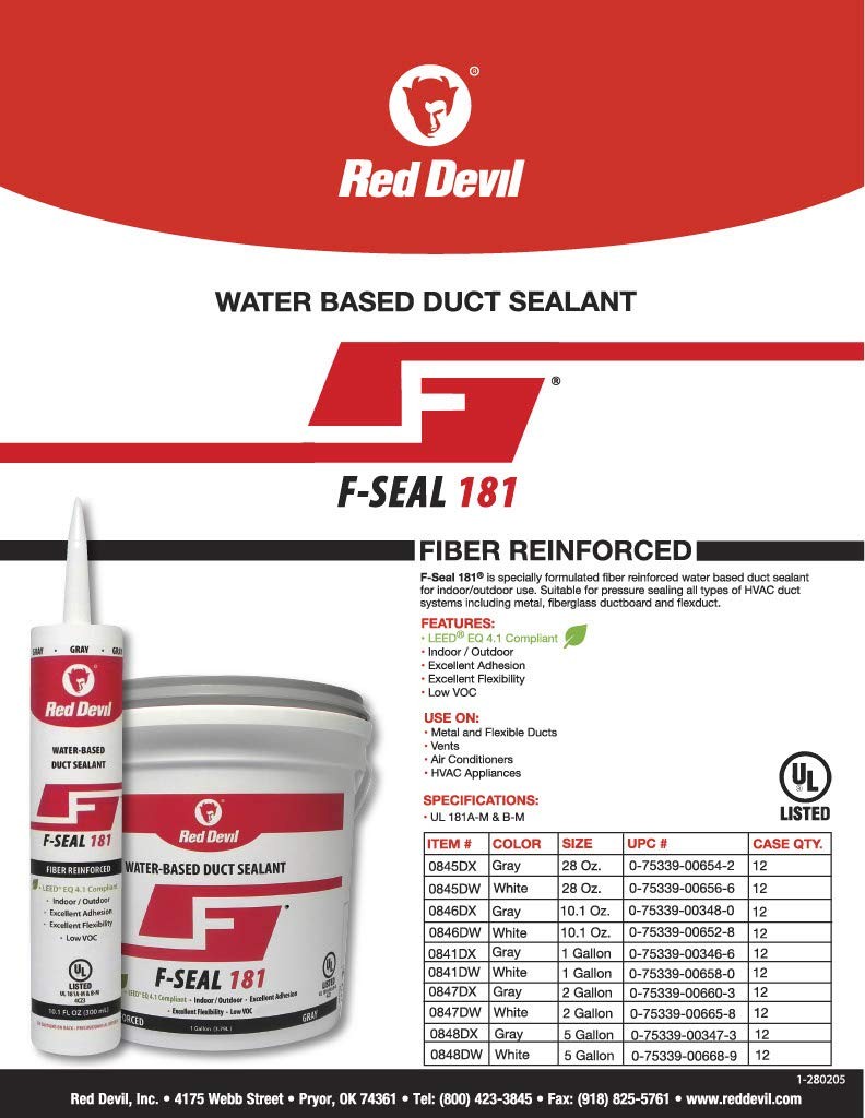 F–Seal 181 Duct Sealant Fiber Reinforced Water Based 1 Gallon Gray HVAC UL 181