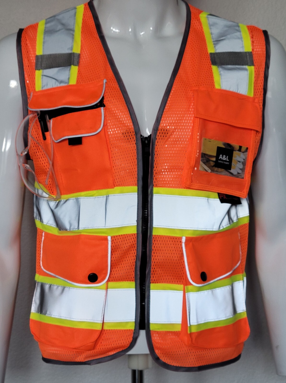 FX Class2 Hi-Vis Reflective Safety Vests with 6 Pockets and Zipper Front Orange.