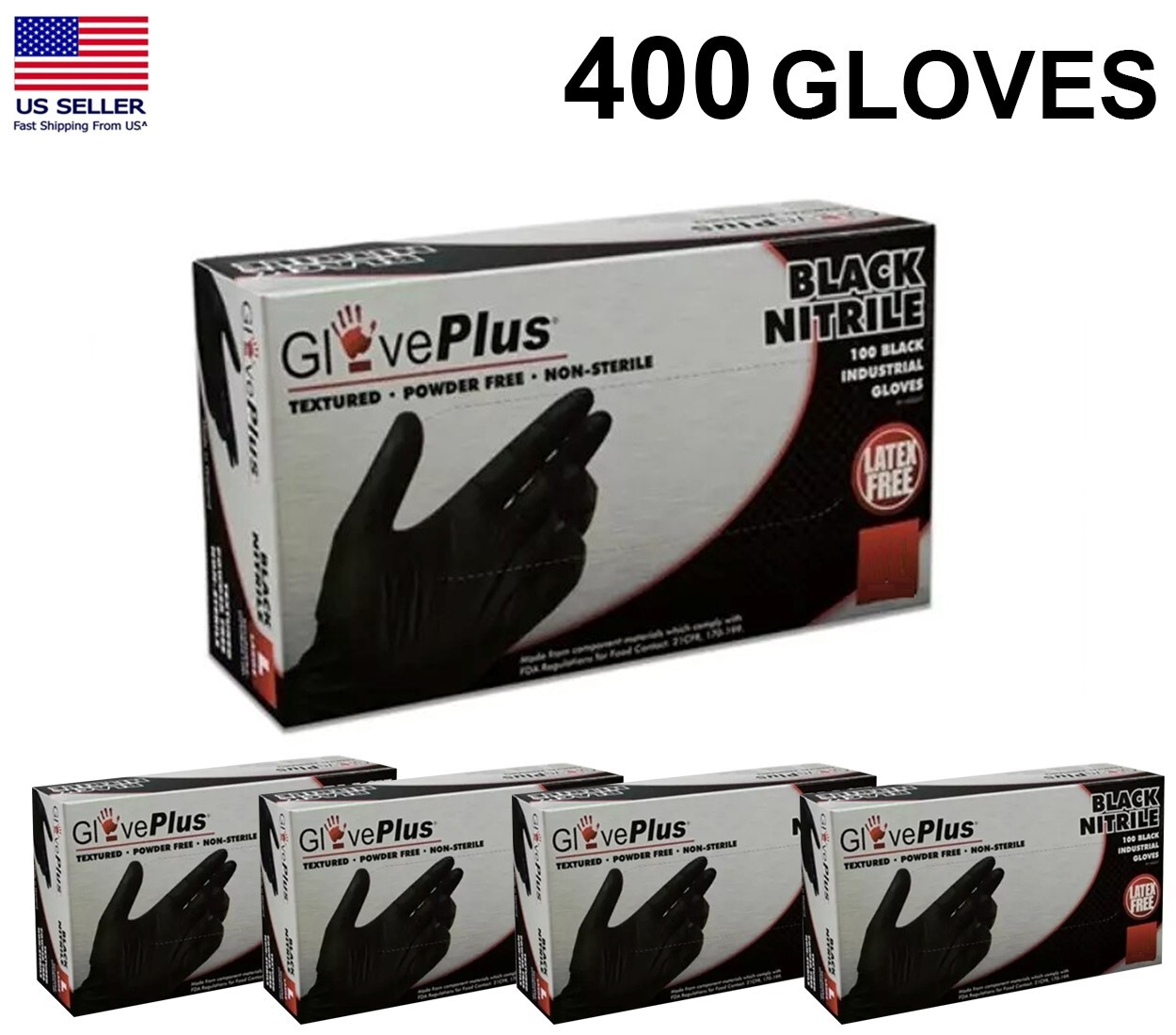 GlovePlus Black Nitrile 5-mil Gloves Powder-Free Small New 400 PC (100×4)