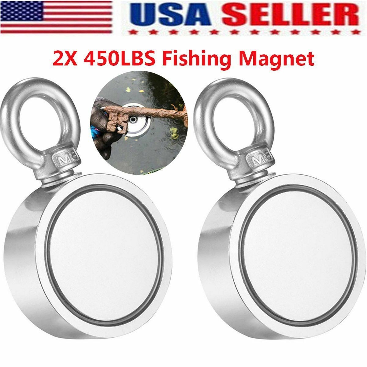 2Pcs 450LBS Fishing Magnet Super Strong Neodymium Pull Force Treasure Hunt Round