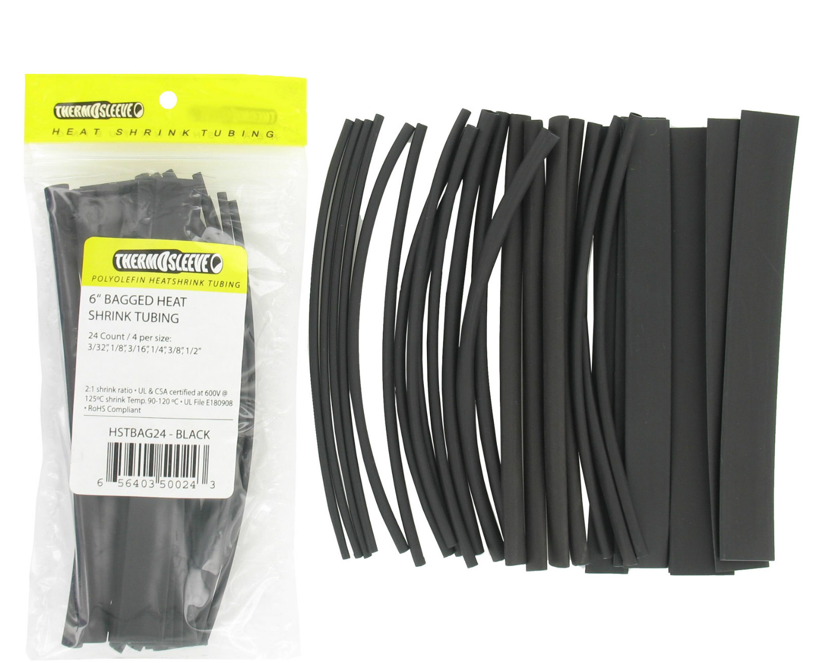 ThermOsleeve HSTBAG24-BLACK 24-6″ Piece Assortment 6 Sizes Polyolefin 2:1 Ratio