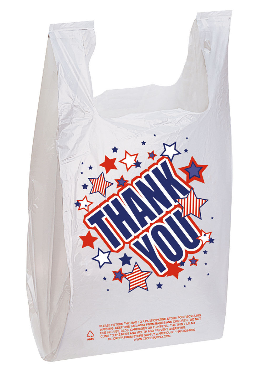 11 ½” x 6″ x 21″ Plastic T-shirt Bags 1000 Grocery Thank You Red White Blue