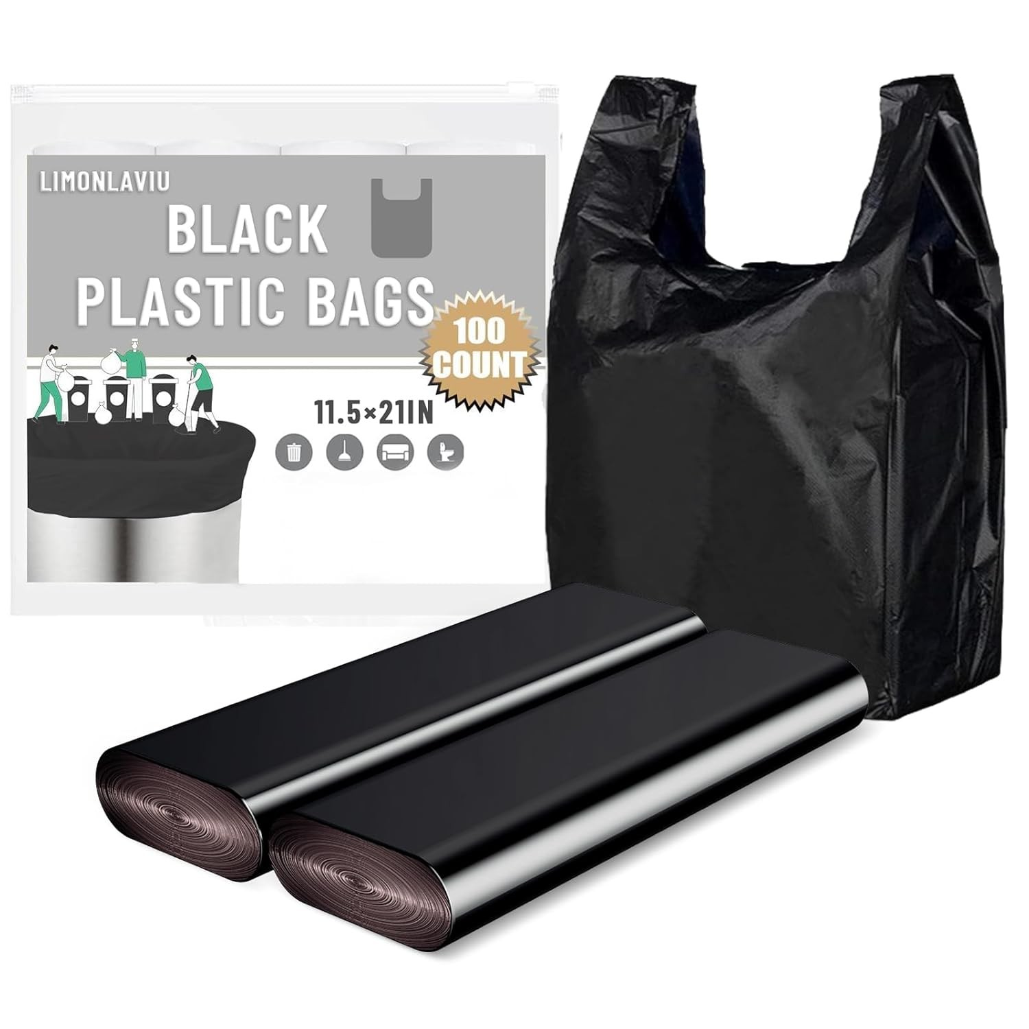 LimonLaviu Black Plastic Grocery Bags, 100 Pack, 11.5’x 6.5″ x 21′, 22 Pound Cap