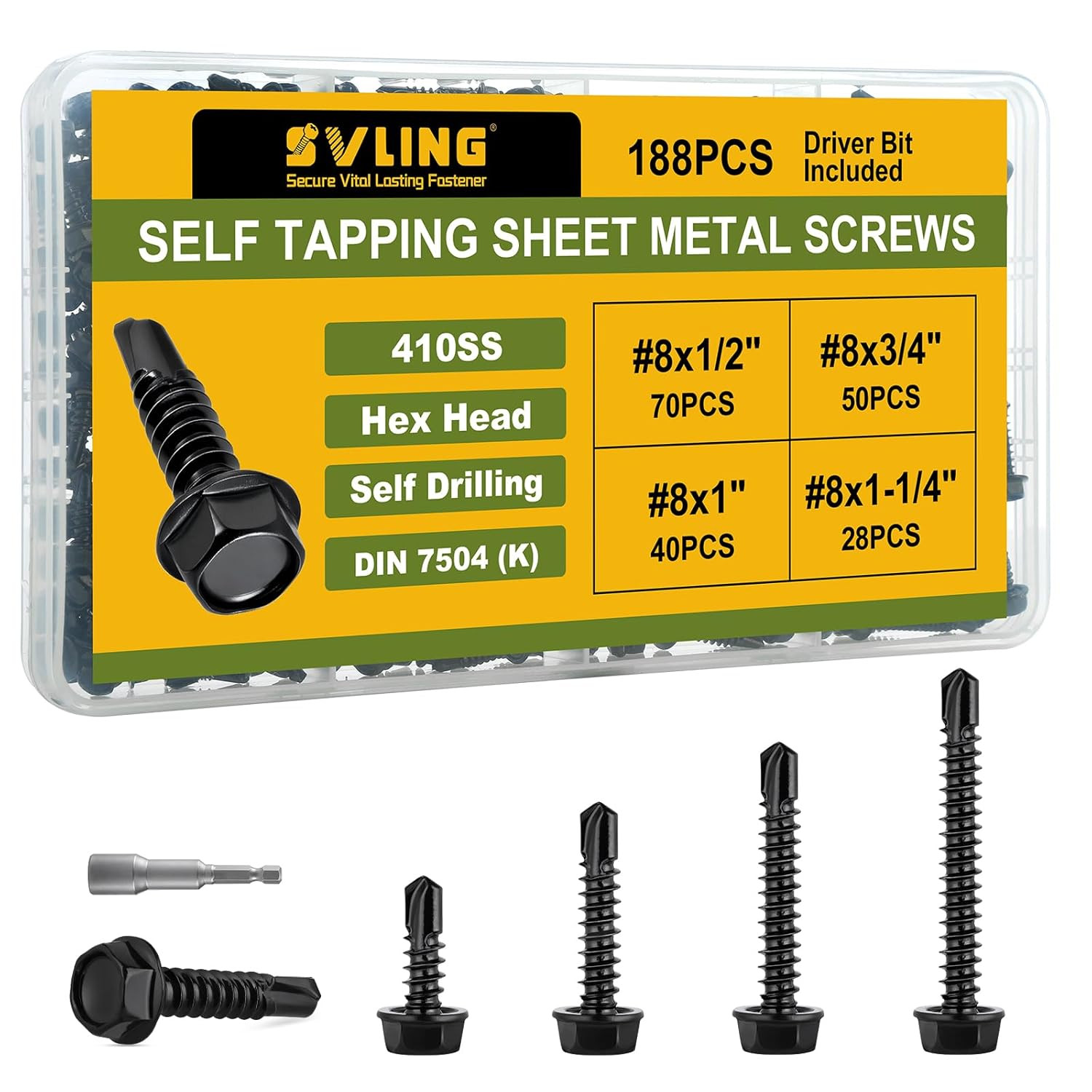 #8 Black Self Tapping Screws Assortment Kit 188PCS, Stainless Steel 410 Self Dri