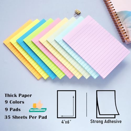 HQCME 9 Pack Lined Sticky Notes 4×6 Pastel Colors 35 Sheets