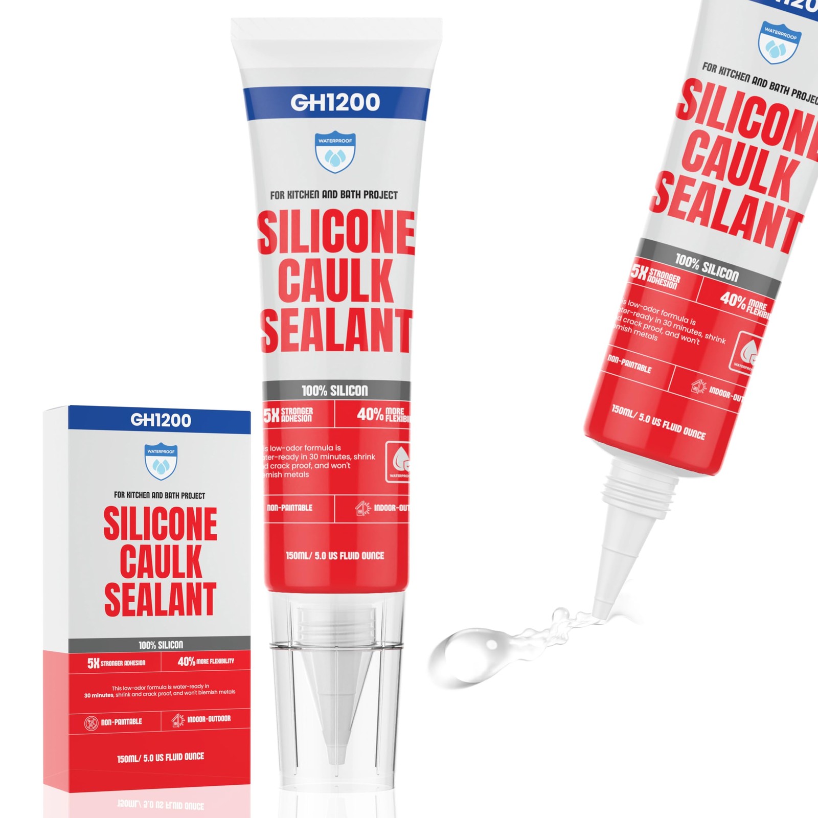 GH1200 150 ML/5 FL Oz Silicone Caulk Clear Sealant Waterproof,