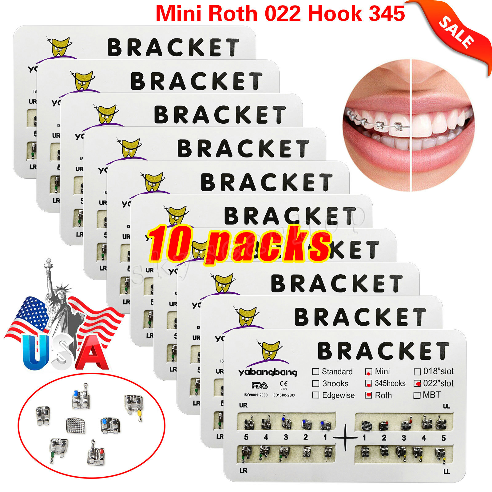 10 Packs Dental Orthodontic Metal Brackets Mini Roth Slot.022 Hooks 345 200pcs