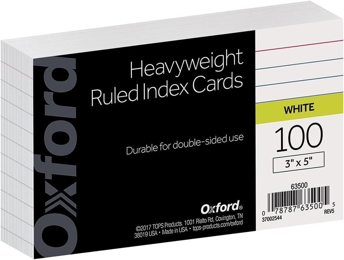 Oxford Heavyweight Ruled Index Cards, 3″ x 5″, White, 100 Per Pack 63500