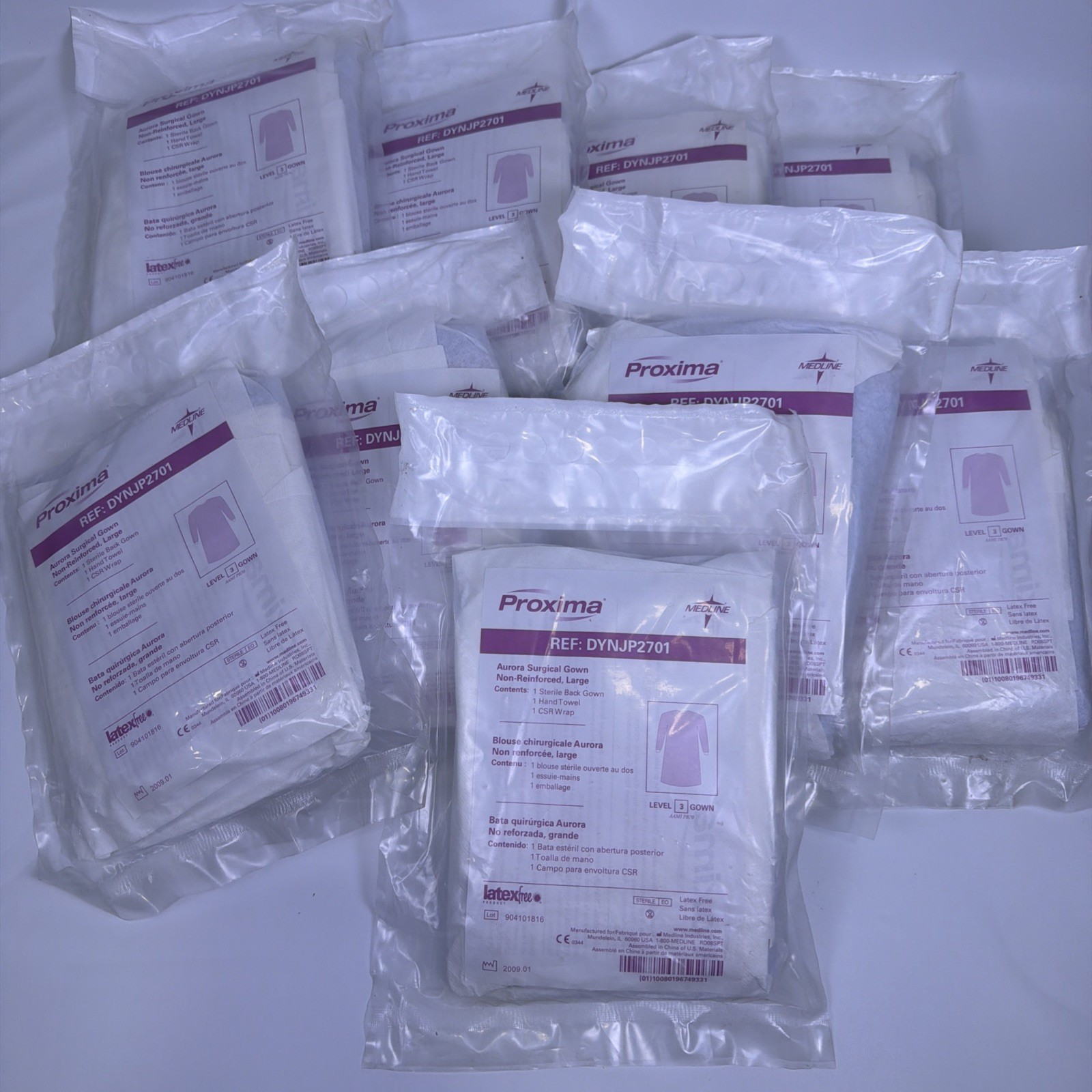 Lot of 9 MEDLINE Proxima DYNJP2701 Aurora Surgical Gowns Large Level 3 Gown