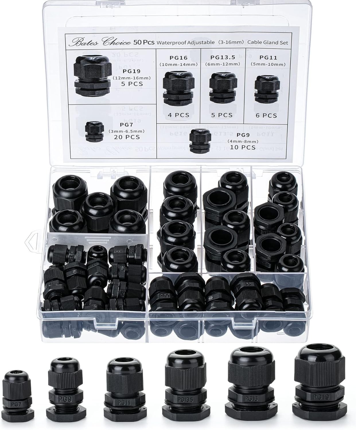 25/50 Pcs Nylon Cable Gland Waterproof Cable Connectors Black Cord Grip Plastic