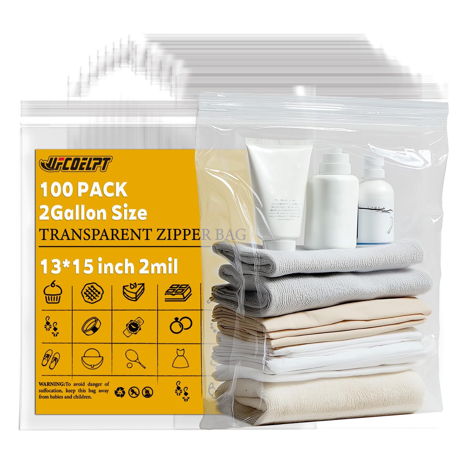 100 Count 2 Gallon Zip Storage Bags 13Ã—15 Reclosable Food Grade 2mil Plasti