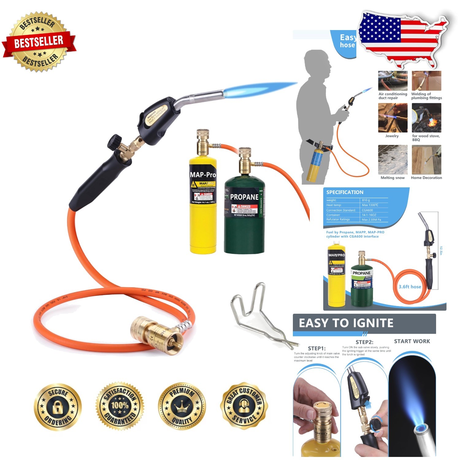 Professional Propane Torch 3600°F Max Heat Mapp Gas Brazing Kit Ergonomic Grip