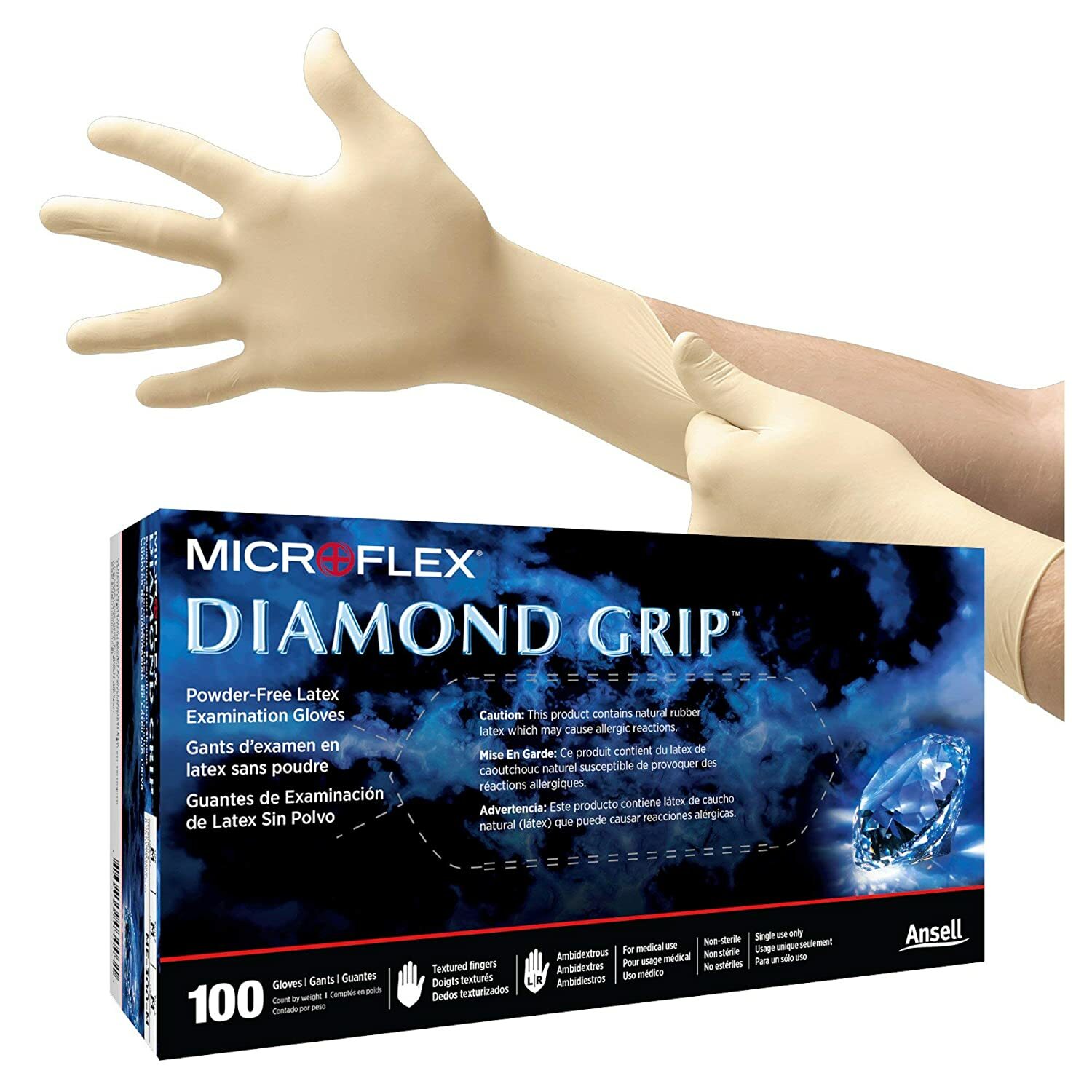 *100-Gloves* MicroFlex Diamond Grip Powder-Free Latex Examination Large MF-300-L
