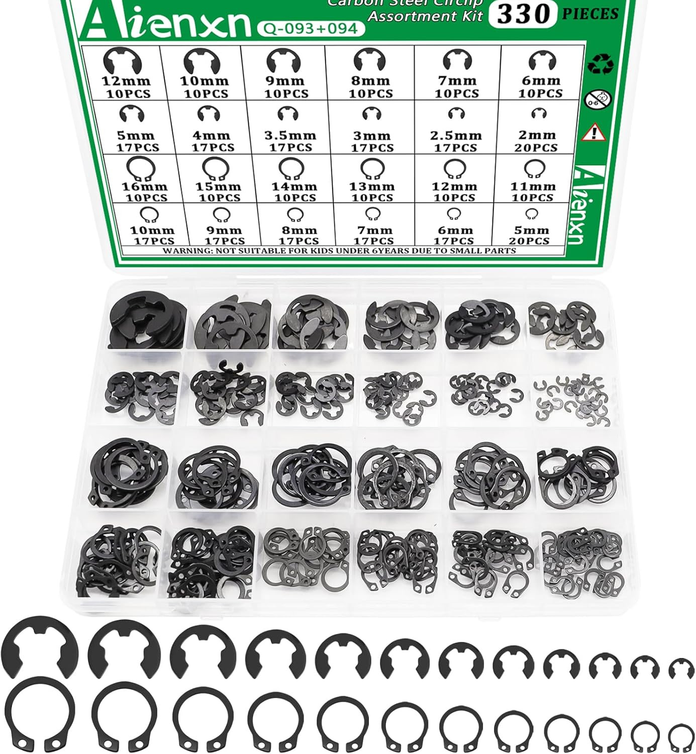 330PCS Snap Rings Assortment Kit, E Clips Assortment Kit (2MM-12MM) and C Clips