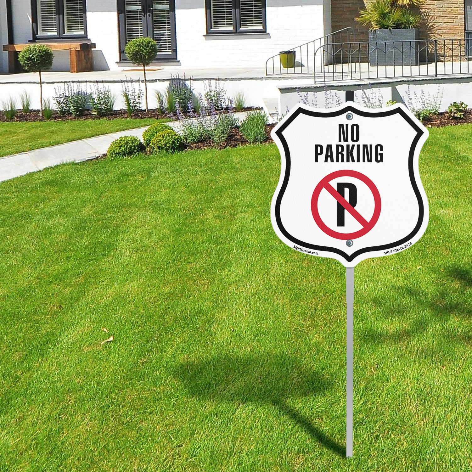 No Parking Shield Shaped Sign With Stake Weather Resistant Crafted in the USA