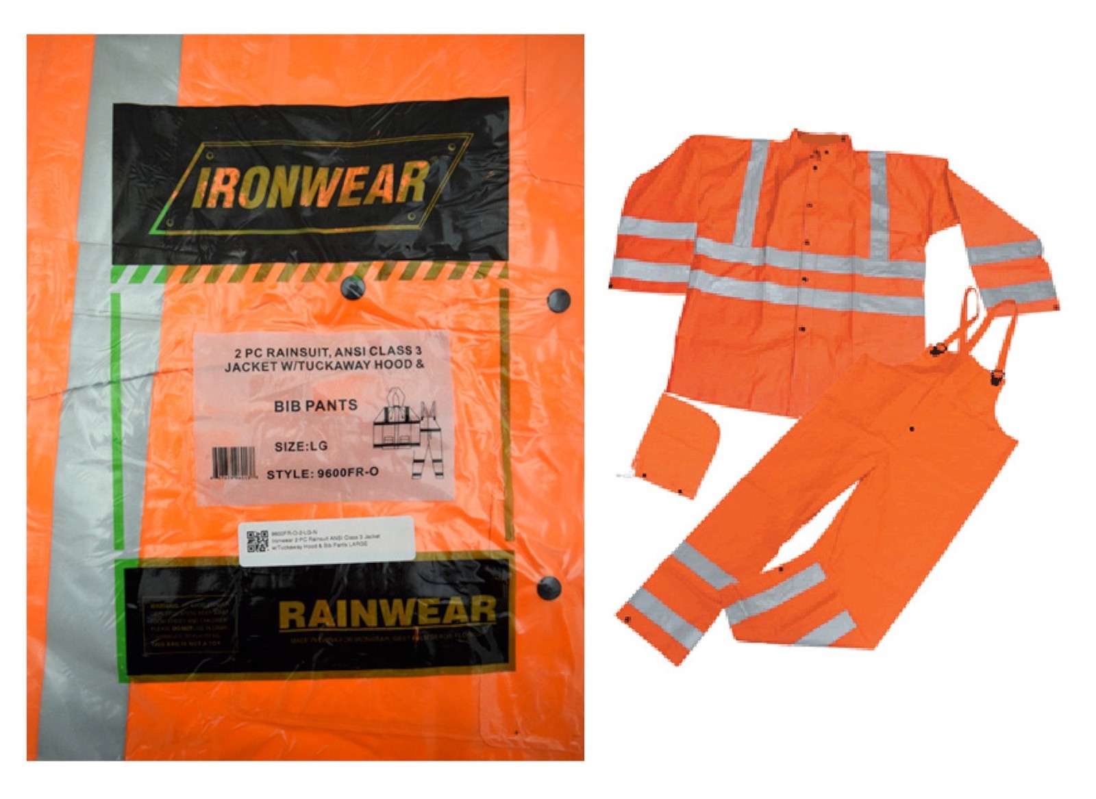 NEW Ironwear ANSI Class 3 Flame Retardant Rain Jacket Bib Pant Set LARGE/ORANGE