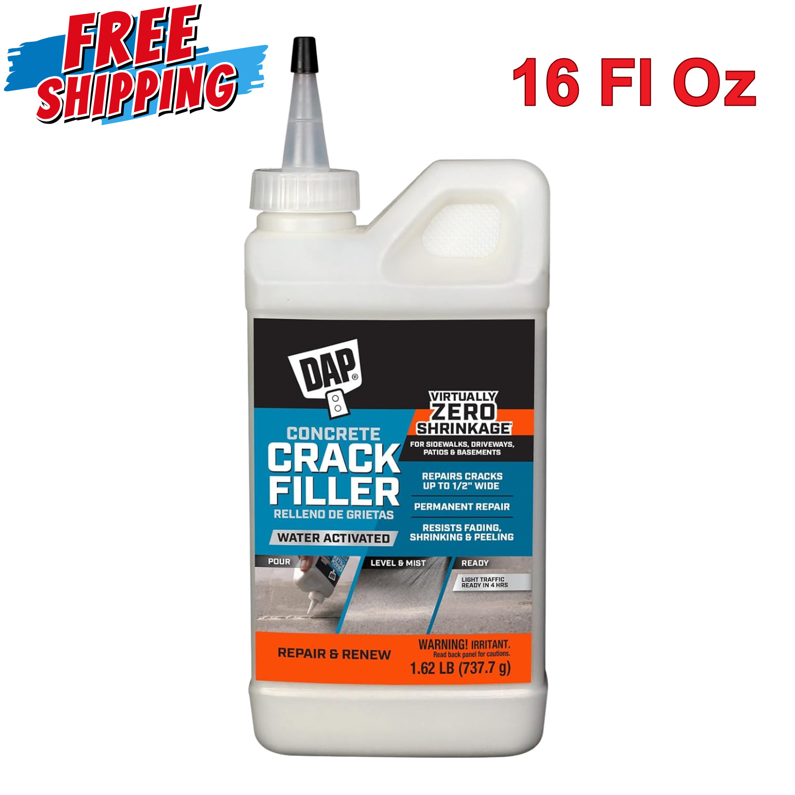 Concrete Crack Filler, Gray 16oz Dry 7079860500 DAP 7079860500 Resists Shrinkage