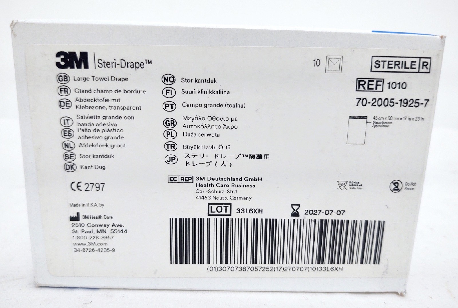 3M 1010 Steri-Drape Large Towel Drape 17”x23” (BOX/10) 2027/07/07