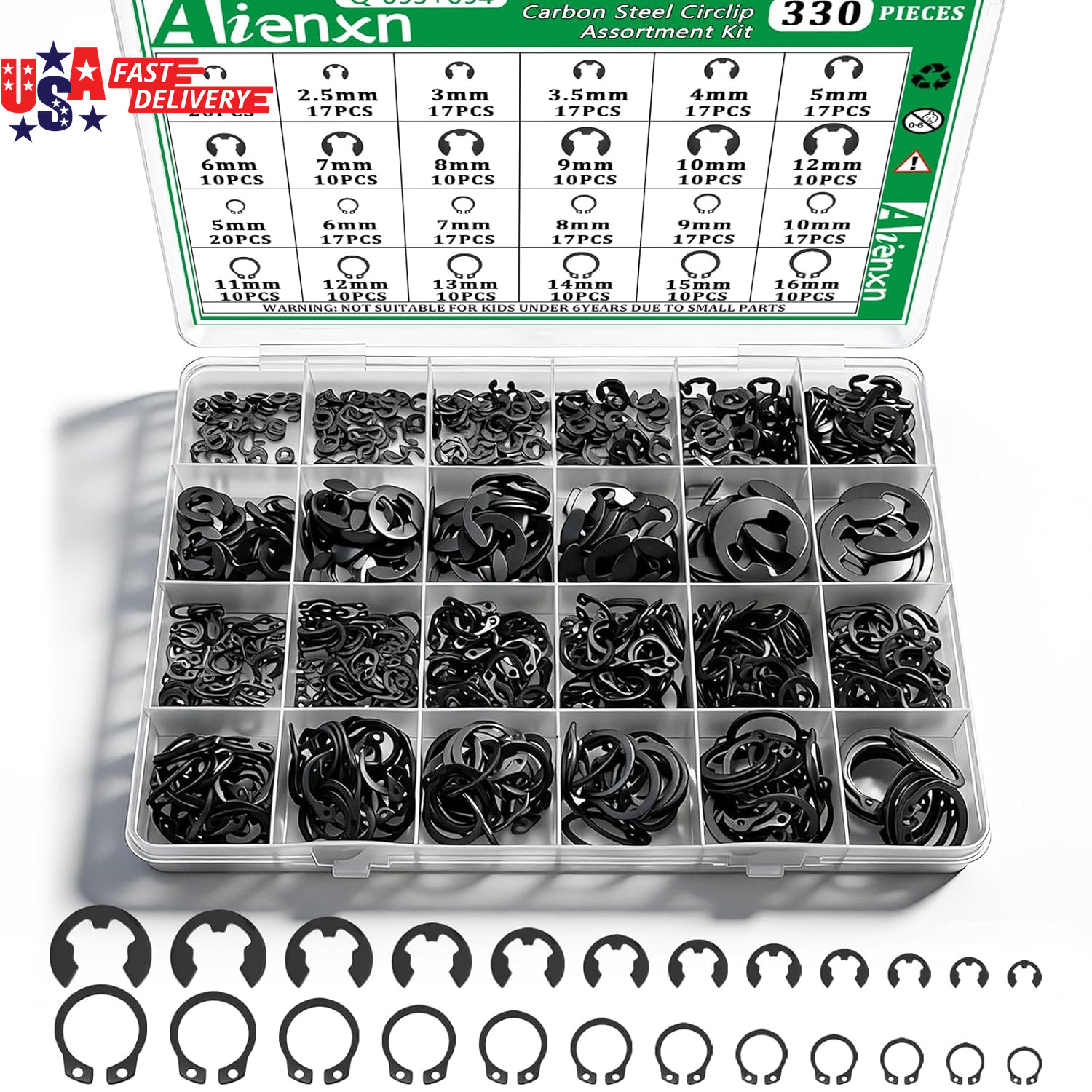 330PCS Snap Rings Assortment Kit, E Clips Assortment Kit (2MM-12MM) and C Clips