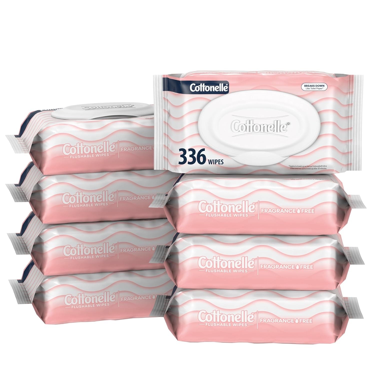 Cottonelle Fragrance Free Flushable Wet Wipes, Adult Wet Wipes, 8 Flip-Top Packs