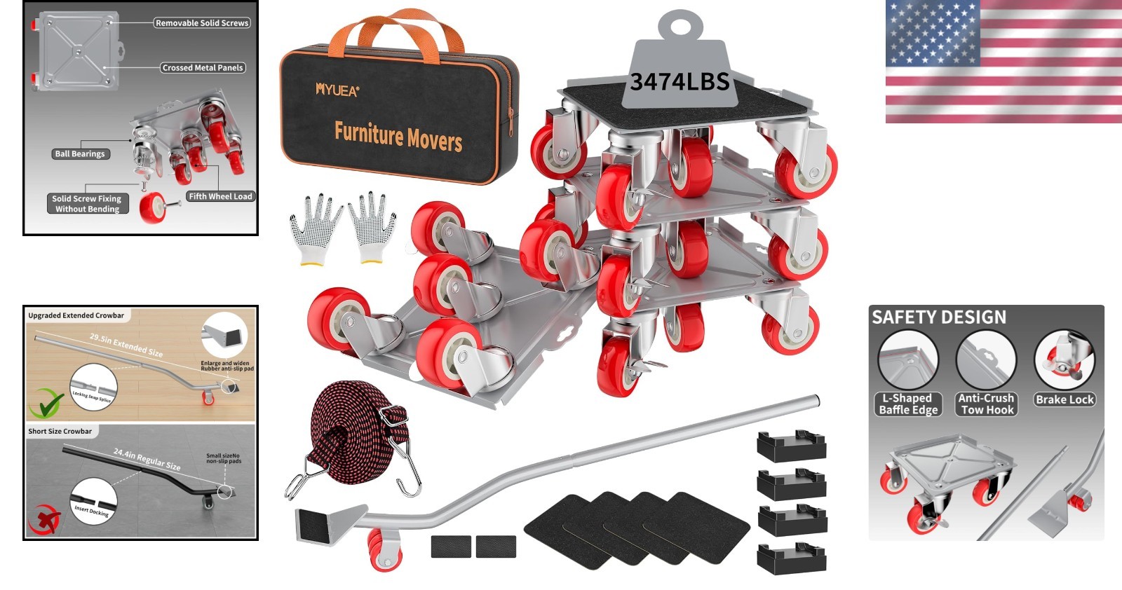 Sturdy Carbon Steel Furniture Lifter with 5 Rubber Wheels, Maximum Load 3474 lbs
